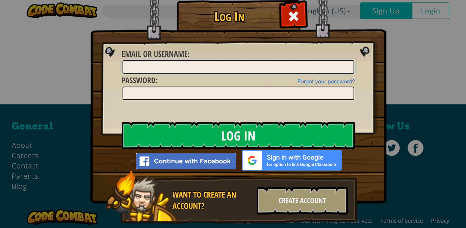 Code Combat inlog pagina