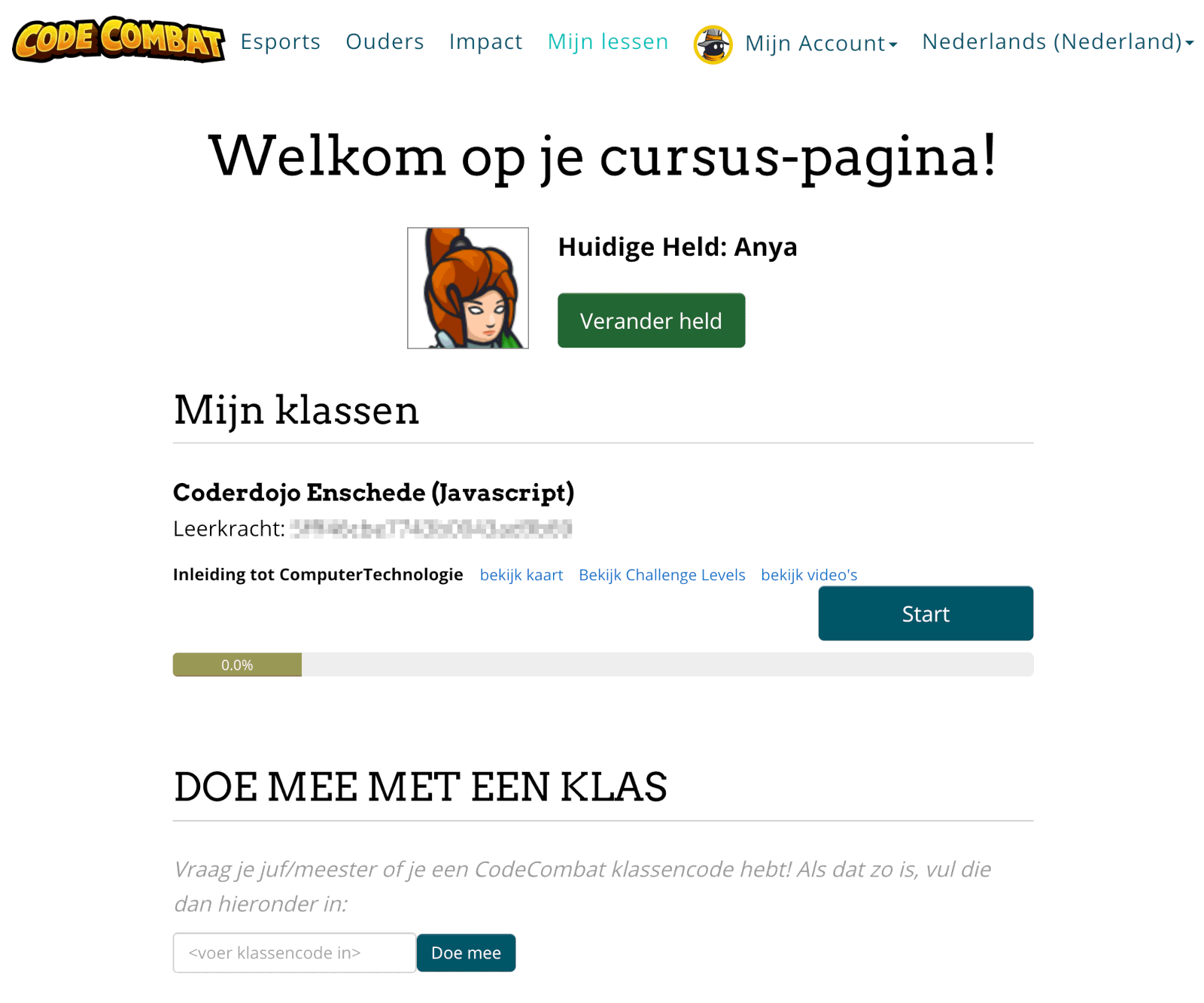 Code Combat gebruikers pagina